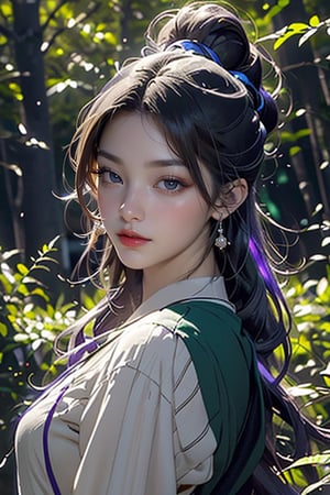 “A young anime forest goddess, with fair skin and shy expression, finds herself posing for a photo shoot in a stunning forest on a sunny summer day. Her hair is vibrant and purple, her eyes shine like diamonds of the same color, and she has long hair. The image was rendered in 4K UHD resolution, with incredible detail, using CGI Octane Render technology.