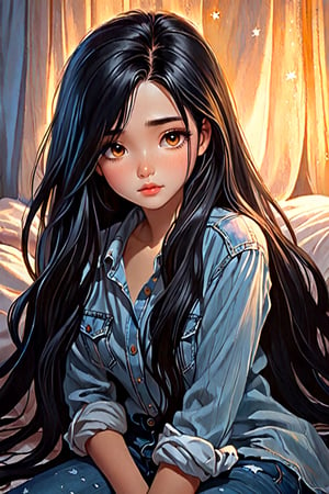 disney girl with long black hair in a jean shirt, in the style of hyperrealistic illustrations, slumped/draped, lit kid, dark white and amber, nightcore, soft, romantic scenes, bad painting 