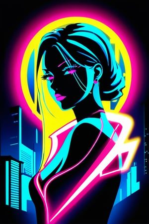 Silhouette of an abstract female form, bathed in neon tones, designed for a t-shirt graphic, contrasted against a dark fabric background, invoking a sense of urban style and modern aesthetics, vector illustration, vibrant with a hint of cyberpunk flair, digital render