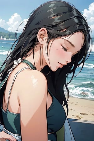 (masterpiece), best quality, 2 girls, (1 girl orange hair, long hair, blush on the cheeks, closed eyes, side ponytail, stretches to kiss 2 girl, swimsuit), (2 girls, black hair, long hair, green eyes, white wet cape, stretches to kiss 1 girl), last summer, last evening, last sunset, (lying on the beach), clouds, close view