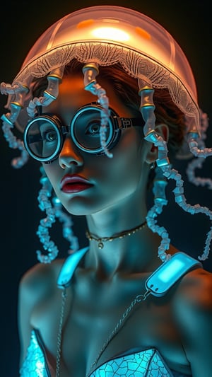 Ethereal cyborg woman, bioluminescent jellyfish headdress. Steampunk goggles blend with translucent tentacles. Cracked porcelain skin meets iridescent scales. Mechanical implants and delicate tendrils intertwine. Human features with otherworldly glow. Dreamy aquatic hues contrast weathered metal. Reflective eyes capture unseen worlds. Soft bioluminescence meets harsh desert backdrop. Fusion of organic and synthetic, ancient and futuristic. Hyper-detailed textures, surreal atmosphere.