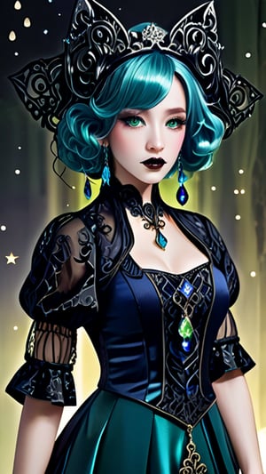 A mysterious and enchanting witch girl, gothic style, with ethereal makeup, Cyberpunk style by Sophie Blackall, emerald green eyes, midnight black lips, sapphire blue hair, dangling crystal earrings, a crystal ball, cascading curls hairstyle, ornate Qing dynasty headdress, shimmering silver yarn, a starry night, and flowing velvet clothing --q 2 --niji 5 --ar 2:3