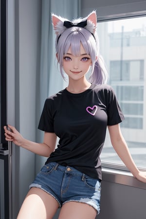 a girl posing next to a window and a shirt with the text "KITTY HUB", 1girl, purple eyes, shirt, shorts, smile, black shirt, white hair,  short shorts, long hair, ponytail, heart, jeans shorts, breasts, looking at the visor, short sleeves,  solo, smile, blue shorts, denim, animal ear fluff, hair bow, neon,
