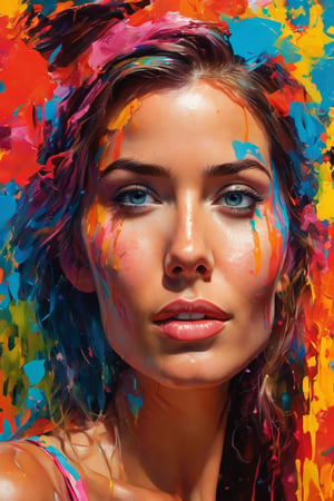 A stunning digital artwork in 4K UHD, reminiscent of James Gurney's style. A beautiful woman poses in a bikini, surrounded by vibrant colors and textured brushstrokes on the wall behind her. The painting appears to be dripping with creative energy, as if the artist's passion has brought the scene to life. The subject's pose is confident and alluring, drawing the viewer's eye to the artwork's central figure.