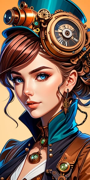 anime-style portrait of a woman with intricate steampunk accessories, vibrant colors, expressive eyes, smooth shading, high contrast, cel-shaded, dynamic lighting, sharp lines, stylized, detailed, artistic