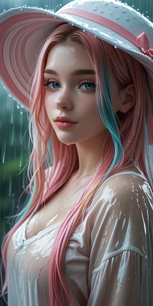 score_9, score_8_up, score_7_up, Expressiveh, g0thicPXL, tall cute thin 20yo gorgeous girl, long hair, (very straight hair), wet hair, pastel hair, large breasts, raining different colors, raining, (cute oversized hat:1.3), (beautiful intricate brush strokes), portrait, eye focus, sultry look, looking off to the side, half-closed eyes, bedroom eyes, sexy pose
