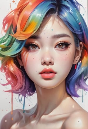 (Masterpiece, Best Quality, High Resolution), White Background, ((Paint Splash, Color Splash, Splash of Ink, Color Splash)),, Sweet Chinese Girl, Rainbow Hair, Peach Lips, Front, Upper Body