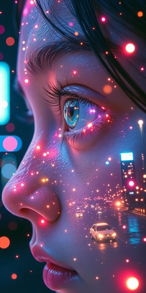 (masterpiece, digital art:1.3), highly intricate double exposure art inspired by Yuumei, (close-up of a person's eye:1.2) superimposed on a bustling city street, cyberpunk aesthetic, trending on CGSociety, multiple exposure technique, overlaying textures with glowing holographic elements, technicolor palette, bright city lights illuminating the scene, reminiscent of "The Matrix" film's Pinterest color scheme, high definition rendering, colorful dream-like atmosphere, elaborate details in the digital art, futuristic and vibrant, captivating visual narrative.