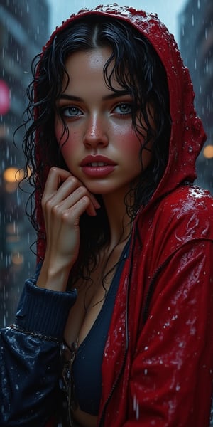 Extreme realistic depiction of a Wet Beauty Under Night Rain, in upper body shot, curvaceous glamorous body, hair hair over one eye, extremely wet, realistic wet skin texture, realistic wet clothing heavy rain, realistic fabric texture, casual shirt and a spider-man hooded jacket, crop top, adjusting her wet hair, head tilted slightly down. Show a few wet hair flyaways around her face, catching the light and adding a natural, slightly messy look.detailed iris patterns in her eyes, with subtle color variations and a bright highlight, glossy texture to her nails, with soft reflections and a natural curve, adding to the overall wet appearance. Leaning forward slightly with her hand resting on her chin, looking straight ahead with a thoughtful expression.
