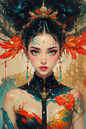 The anatomy of a beautiful young confident mystical woman of Magic, head made of splashed paint art cut-iut fruits and diamonds, on ultrafine detailed painting, angular, altermodern, flowing hair, surreal, 8k ultra HD, high glossy