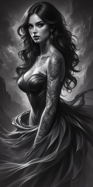 female, fantasy, beauty, in the style of noir comic art, realistic hyper-detailed portraits, tattoo, black and white grayscale, chicano art, realistic yet romantic, flowing lines --ar 23:36 --stylize 750 --v 6