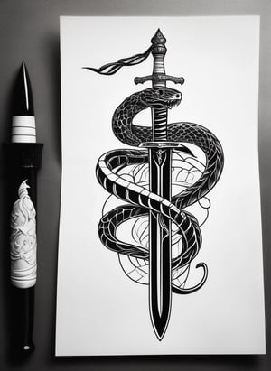 Drawing of a snake and a dagger on a piece of paper, sword design, tattoo drawing sketch, tattoo drawing, conceptual tattoo design, tattoo design, medium sized tattoo drawing, drawn swords, detailed, but rough, inspired by Paul Howard Manship, inline work, fine line, artistic sketch, tattoo drawing, sketch sketch, hand drawn illustration, detailed sketch, ink drawing, ink outline