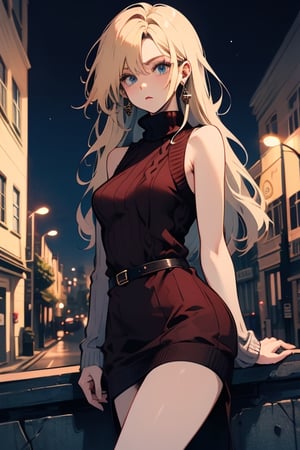 masterpiece, best quality, highres, aarin, long hair, earrings, , sweater dress, ribbed sweater, virgin killer sweater, turtleneck, sleeveless, outdoors, standing, night, street,