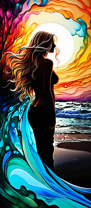 Silhouette Art, hyperrealistic art breathtaking a lineart (vibrant alcohol ink sketch). [magnificent faetastic , shiny, intriguing weirdness, color schemes  extravaganza, mystery of  darkness, unusual natural aesthetics, glossy]. (hyperdetailed. styled long glossy blonde hair.) 
award-winning, professional, highly detailed . extremely high-resolution details, photographic, realism pushed to extreme, fine texture, incredibly lifelike, high contrast, well defined.
   
