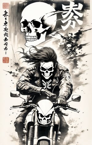 assassinkahb style, a black and white photo of an assassin wearing a motorcycle jacket with japanese writing on the back, solo, simple background, 1 woman, white background, jacket, monochrome, upper body, greyscale, male focus, long hair in wind, weapon, clothes writing, skull, skeleton, japanese flag