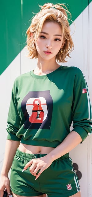 A moody shot of a 1998 European blonde hip-hop girl wearing Sachin Teng's design and Supreme logo, posing confidently against a vibrant green backdrop. Asymmetrical geometric shapes and bold graffiti cover her stylish outfit, blending street art with high-end fashion. The girl's athletic physique and designer accessories exude an air of attractiveness, as she strikes a pose that commands attention.