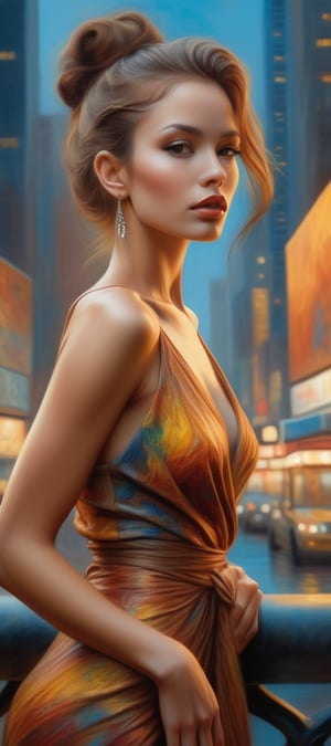 A stunning woman stands confidently in the midst of a vibrant modern cityscape, bathed in natural light. She wears an elegant attire with subtle sheen, her features illuminated by the warm glow of street lamps and skyscrapers. The urban setting is alive with activity, yet she remains serene, her pose exuding poise and sophistication. In digital painting style, reminiscent of Boris Vallejo's and Luis Royo's works, the image bursts with color and texture. As if inspired by Van Gogh's brushstrokes, swirling patterns dance across the cityscape. This mesmerizing scene is sure to trend on social media, captivating audiences worldwide, much like a provocative street art piece by Banksy, Carne Griffiths, or Wadim Kashin.