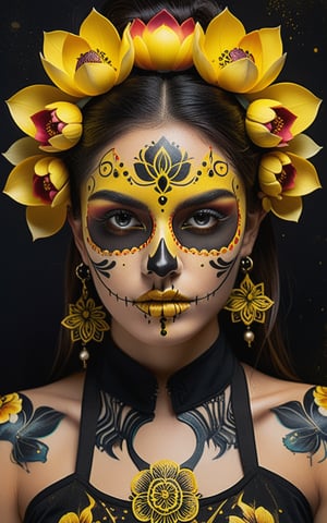 A close-up shot of an elegant young woman with a Mexican skull makeup design, gazing directly at us. Her face is a canvas painting, featuring lotus flowers in dark yellow hues and subtle textures. A mysterious, moody atmosphere surrounds her, punctuated by neon ambiance and grunge-inspired gear mecha details. Her lips print is a focal point, surrounded by intricate acrylic brushstrokes and abstract black oil splatters. The overall aesthetic is a unique blend of gothic elegance, with symbolic elements adding to the mystique.
