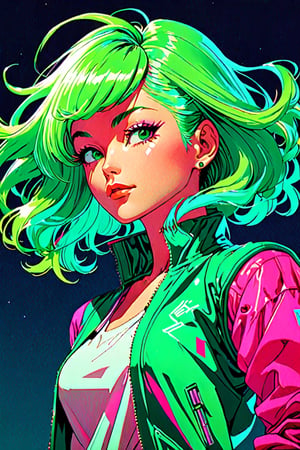 a colorful woman with colorful hair, in the style of martin ansin, light green and light emerald, akira toriyama, solarizing master, y2k aesthetic, dark pink and green