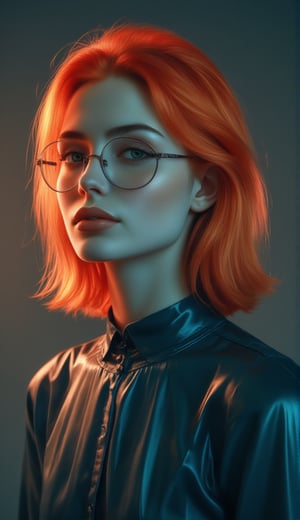 a girl with orange hair dressed in glasses, in the style of futuristic digital art, flowerpunk, shiny/glossy, dark teal and orange, charming characters, lively colors --ar 1:2 --stylize 750 --v 5.2