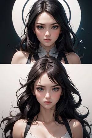drawing of a girl with long hair and big eyes, in the style of artgerm, todd mcfarlane, high quality photo, light white and black, cartoon-like characters, messy, i can't believe how beautiful this is 