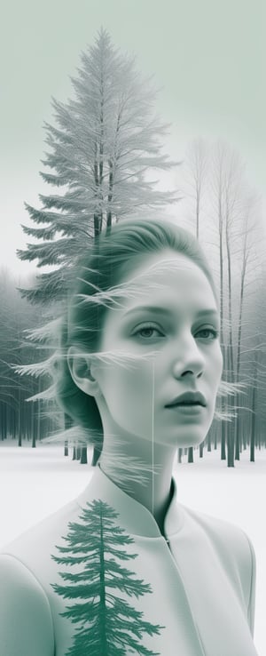 anachronistic double exposure, surreal portrait and snowy landscape mix, snow and trees, sculptural solidity, minimalism, light-silver emulsion, muted green and soft white, photography,<lora:659095807385103906:1.0>