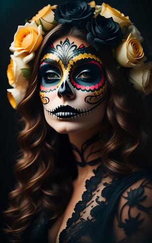 A close-up shot of an elegant young woman with a Mexican skull makeup design, gazing directly at us. Her face is a canvas painting, featuring lotus flowers in dark yellow hues and subtle textures. A mysterious, moody atmosphere surrounds her, punctuated by neon ambiance and grunge-inspired gear mecha details. Her lips print is a focal point, surrounded by intricate acrylic brushstrokes and abstract black oil splatters. The overall aesthetic is a unique blend of gothic elegance, with symbolic elements adding to the mystique.
,Catrina