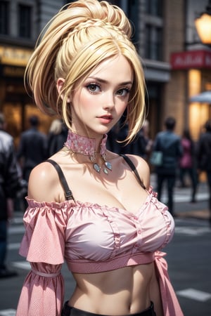 woman, A fashion model, Wear a pink off-the-shoulder top that covers your chest, Glamour, paparazzi taking pictures of her, Blonde hair, Brown eyes, 8K, High quality, Masterpiece, Best quality,G-cup, HD, Extremely detailed, voluminetric lighting, Photorealistic
