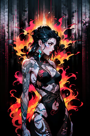 Digital painting in the style of Brian Viveros, female fire performer clad in dark, billowing attire on stage, flames flickering to create stark, dynamic shadows enveloping her form, background dimly illuminated to accentuate the dance of light and shadow, atmosphere charged with enchantment, volumetric lighting, ultra realistic, dramatic lighting.