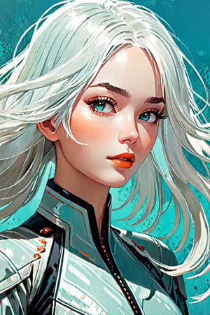 an image of a girl with white hair, in the style of ross tran, light teal and dark orange, guido van helten, close-up shots, comic art, realistic marine paintings,