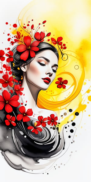 Minimalistic ink drawing, German French beauty floating amidst delicate swirls of black, red, and yellow watercolor flowers, harmony symbolized, ultra-realistic HD, vivid colors, UHD drawing, pen and ink, perfect composition, intricately detailed octane render, 16k resolution, photorealistic concept art, soft natural light, volumetric cinematic lighting, award-winning artistic vision.