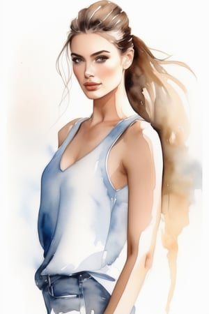 Watercolor fashion illustration showcasing a beautiful lady wearing a tank top and a ponytail, exuding a model-like aura, soft and flowing watercolors, fashionable elegance, timeless fashion illustration