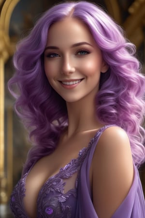 absurdres extremely detailed CG,high resolution,(best quality:1.3),(best masterpiece:1.3),super fine illustration,vibrant colors,official art,8k wallpaper,dynamic depiction,nice pose,dynamic angle,depth of field,cinematic lighting,(1women:1.3),solo,detailed beautiful face and eyes,Graduation Hair,light purple hair and purple eyes and medium breasts,confident smile,bright eyes,big smile,solo,Enchanting Night at the Palace of Versailles,see-through dress,