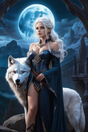 A highly detailed, realistic image of a stunning girl with white hair and a majestic she-wolf, set against a magnificent nocturnal backdrop.