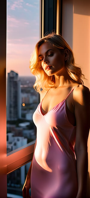 A serene blonde woman, skin aglow, basks in golden hour warmth within a high-rise apartment's sleek confines. Morning sunrise pours in, casting dramatic shadows across her features, as she stands confidently in pink nightwear. The 50mm lens masterfully frames her slender figure, guided by the golden ratio.