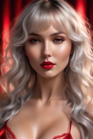 Ultra realistic cinematic soft Rembrandt light and ultra detailed golden hour warm light in a micro ultra sexy transparent see thru red silk Victoria Secret lingerie with garter belt portrait with gorgeous angelical face in focus, Best quality, 8K, masterpiece, Ultra HD: 1.3), 1girl 38 year old stunning gorgeous legendary fashion super model in, Light white blonde hair, light grey clear focus angelical eyes , Blunt bangs, hair behind ear, hair over shoulders, Long hair, Slender body type, ultra detailed face, Delicate lips, moderate breasts, Beautiful eyes, Double eyelids, lipsticks, thin blush ,Black eyes ,perfect glossy shiny skins, Flawless skin,White skin of the,perspired,Invite your gaze, chest,Ultra-thin pointer, Ultra-thin fingers, sharp focus and detailed gorgeous angel face, beautiful legs, big breast,revealing ,Expose ,we can see the forme,The expression looks sexual,Enjoyed it a lot, [[[[sharp focus in eyes and face]]]], [[[[chest]]]], [[[[neck]]]], [[[[shoulders]]]], [[[[micro red silk lingerie]]]], [[[[moderate breasts]]]], [[[[sexual excitement]]]], [[[[provocative pose]]]], [[[[perfect define detailed skin and body]]]], ((((cinematic look)))), SEX, SEX, SEX