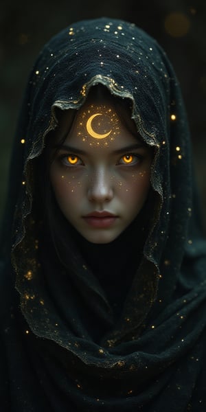 A mysterious figure shrouded in a dark, intricately patterned veil, her beautiful face adorned with a golden crescent moon and constellations. The eyes gleam with an otherworldly light, hinting at the power and secrets held within. A composition that creates a sense of mystery and attraction. The expressions of the figures are unreadable, leaving the viewer guessing at the intentions and stories they hold in their gaze.