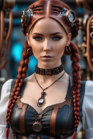 an steampunk girl at a party, (white crop top:1.2), small breast, black and blue leather, tattoo, hyper detailed, ultra sharp, long auburn hair in braids, 8k, (insanely detailed:1.5), full body photograph, 20 megapixel, canon eos r3, detailed skin, pale skin