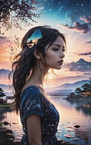 Highly conceptual digital art, beautiful double exposure, combining the silhouette of a girl in twilight tranquility, capturing the calm of soft gradients, serene landscapes transitioning from day to night, monochrome background, perfect composition, sharp focus, perfect nature photography- still life, highly detailed masterpiece, vibrant colors, by Kingshuk's madness, intricate portrait, high dynamic resolution, award-winning UHD photo shoot