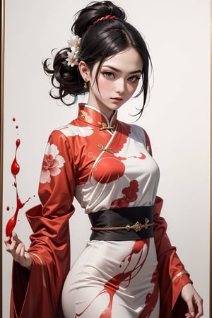 a painting of a woman in red with black hair, in the style of delicate ink washes, epic fantasy scenes, chinese painting, splattered/dripped, white background, traditional costumes, soft focus lens 