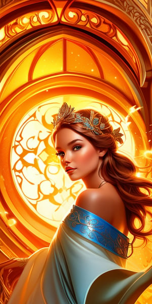 A stunning, ultra-HD digital painting of a 20-year-old top model, reminiscent of Jean-Baptiste Monge's style. The subject, radiant with a bright, beautiful glow, is centered in the frame, surrounded by a splash of glittering filigree. Rim lighting casts a warm, inviting ambiance, as if infused with magic. The surreal, fantasy-inspired artwork features intricate details, rivaling those found in artgerm and James Jean's works. Greg Rutkowski's mastery of digital art shines through in this highly detailed, visually captivating piece, featuring the model in a pose that exudes cute, adorable charm under Cheryl Griesbach's artistic direction.