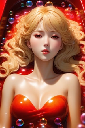 1girl, kitagawa marin, sono bisque doll wa koi wo suru more prism, vibrant color, ,masterpiece, bestquality, ultra-detailed, detailed scenery, cinematic effect, 《masterpiece》, 《best quality》, 《ultra-detailed》, 1female, red eyes, (Tanned skin color), blonde hair color, Long hair, Big breasts, bath, bare shoulders, no dress, no clothes, , ((foam, bubbles)), ((lying in a bathtub with lots of bubbles)), view from up