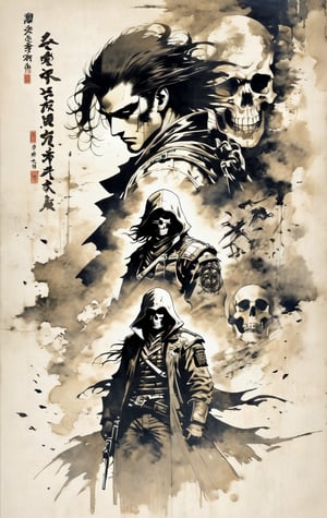 A stark, black and white composition: a lone assassin, shrouded in mystery, stands solo against a crisp white background. A worn motorcycle jacket, adorned with Japanese characters, hangs loosely on his frame, drawing the eye to the intricate script. The wind whispers through his long hair, as he gazes off-camera, a skull or skeleton motif subtly integrated into the design. A weapon at the ready, his attire a testament to his deadly profession, against a sea of monochrome greyscale.