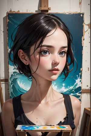 canvas painting with girl, in the style of duffy sheridan, reefwave, wood, mid-century, eric canete, distressed materials