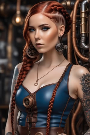 an steampunk girl at a party, (white crop top:1.2), small breast, black and blue leather, tattoo, hyper detailed, ultra sharp, long auburn hair in braids, 8k, (insanely detailed:1.5), full body photograph, 20 megapixel, canon eos r3, detailed skin, pale skin