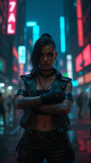 Cyberpunk 2077-inspired scene: Judy Alvarez stands confidently, arms crossed, amidst a backdrop of neon-lit streets and towering cityscapes. Focused gaze and tattooed arms convey her tech-aptitude, while rebellious intensity radiates from her very presence. Framing: low-angle shot highlighting Judy's strong stance, with the cityscape blurred in the background. Lighting: neon hues casting a vibrant glow, punctuated by the cool blues of nightfall. Composition: Judy centered, flanked by dark shadows and urban architecture, emphasizing her individuality amidst the dystopian landscape.