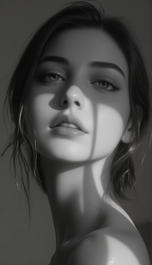 a black and white photo of a woman with shadow., in the style of minimalist beauty, light bronze and bronze, serene faces, sharp edges, karencore, high definition, contrast shading, realism --ar 3:5 --stylize 750 --v 6.0 --style raw