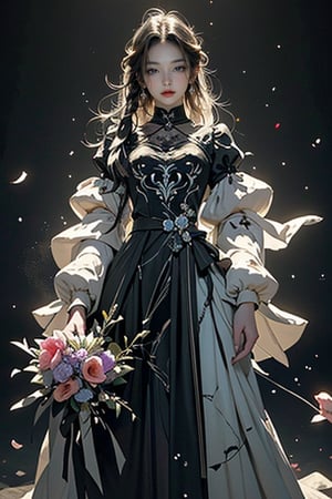 A mesmerizing conceptual illustration of an ethereal, semi-transparent figure, possibly a woman, with cascading locks that seamlessly blend into a beautiful array of vibrant, blooming flowers. The figure is delicately holding a bouquet of these flowers in her hand, with the petals emitting a soft, warm glow. The dark background enhances the striking luminosity of the figure and flowers, creating a stark contrast that captivates the viewer. The overall atmosphere of the piece is mystical and enchanting, inviting the viewer to step into this dreamlike world., conceptual art, painting, illustration