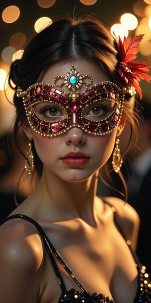 girl in a beautiful mask decorated with beads and stones, in the style of the great gatsby, at a party