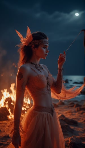 dancer with feathers and jewelry at night on the beach by the fire in the style of magali villeneuve, eve ventrue, anna dittmann, realistic depiction of light, luminous pointillism, daz3d, the stars art group (xing xing) , sultan mohammed, burned/charred